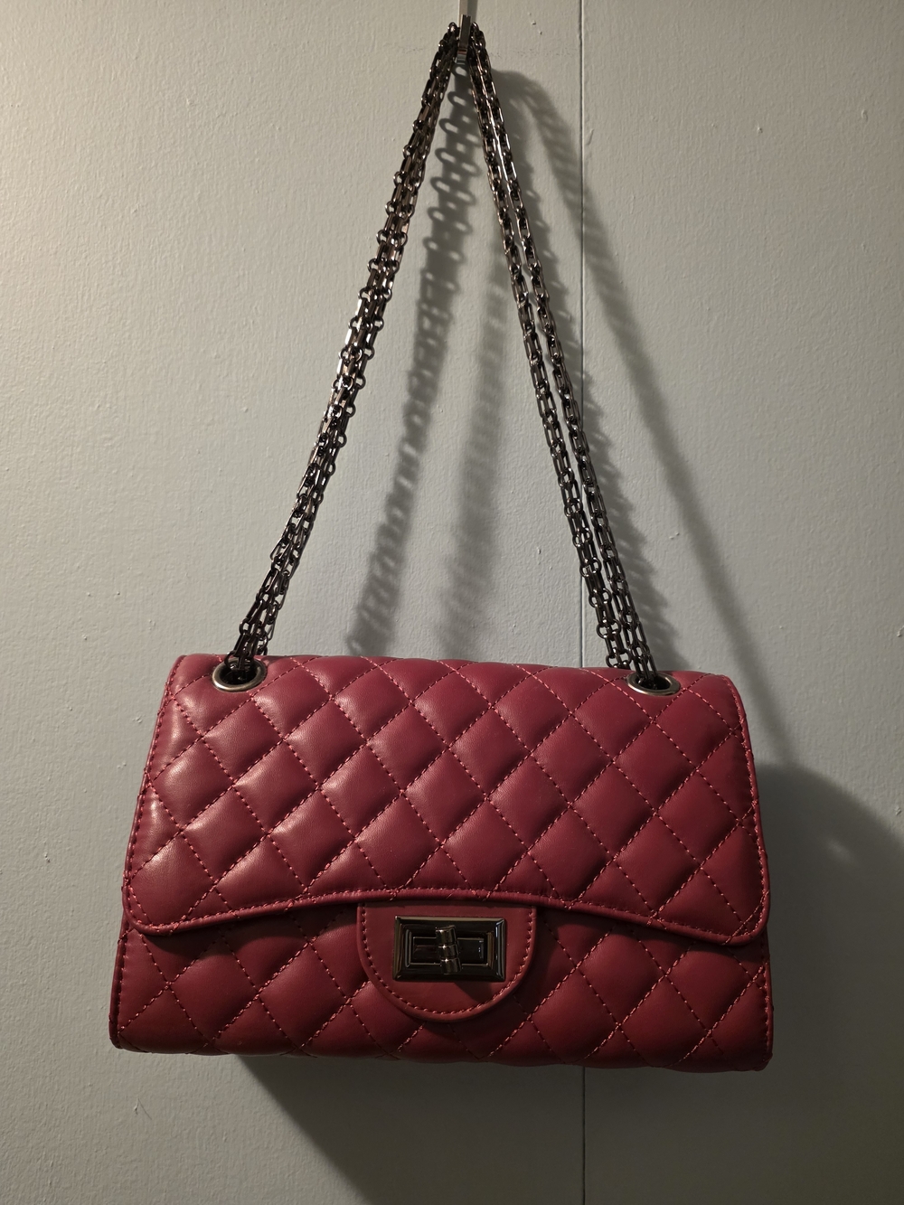 Quilted Shoulder Bag in Deep Berry - Classic Chain Strap